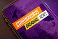 Coronavirus or Covid-19 pandemic Breaking News Update background concept. Close up mobile phone with Coronavirus breaking news