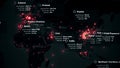 Coronavirus COVID19 pandemic world map. Epidemic spreads from wuhan across the world. Dark mainlands with red pinpoints