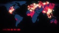 Coronavirus COVID-19 pandemic world map with orange pinpoints of infected cities with health statistics on dark