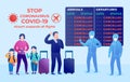 Coronavirus covid- 19. People at the airport. Vector flat illustration. Display board Cancelled. Airport suspends all Royalty Free Stock Photo