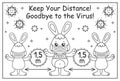 Coronavirus COVID-19 Prevention Kids Information Poster. Kawaii Bunny Keep Social Distance.