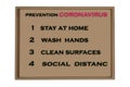 Coronavirus COVID-19 Prevention sign for social distance, hand hygiene, sanitisation of surface.,stayin home