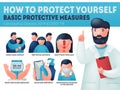 Coronavirus COVID-19 preventions. Caucasion doctor explain protection measures. Infographics banner, wear face mask, wash hands, Royalty Free Stock Photo