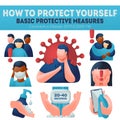 Coronavirus COVID-19 preventions. Explaining protection measures. Infographics banner, wear face mask, wash hands, desinfect. Royalty Free Stock Photo