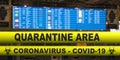 Covid19 coronavirus quarantine area text on yellow stripes, airport checkin area background. 3d illustration