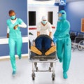 Coronavirus covid-19 quarantine patient on stretcher rushed into a emergency room
