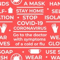 Coronavirus COVID-19 regulations. Seamless vector pattern with text and symbol. Wear a mask, wear gloves, wash your