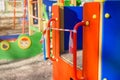 Coronavirus COVID-19 restriction. No people due to quarantine. Closed children`s playground in the city. Empty park and Royalty Free Stock Photo