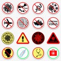 Coronavirus COVID-19. Set of prohibition and warning signs. Biohazard danger alert stickers Royalty Free Stock Photo