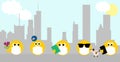 Coronavirus, covid 19, social distancing, emojis wearing face masks outside in city. Youth concept of coronavirus. Copy space