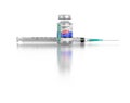 Coronavirus COVID-19 Vaccine Booster Vial and Syringe On Reflective White Background