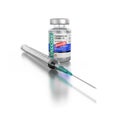Coronavirus COVID-19 Vaccine Booster Vial and Syringe On Reflective White Background