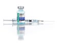 Coronavirus COVID-19 Vaccine Vial and Syringe On Reflective White Background