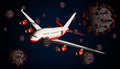 Coronavirus or covid-19 virus cells with airplane in flight 3D rendering illustration. Travel, aviation transport and