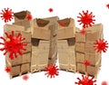 Covid-9 covid 19 virus and commerce boxes packages brown in a pile isolated - 3d rendering