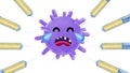 Coronavirus crying surrounded by syringes, cute kawaii virus design on white background