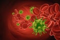 Coronavirus 3d render concept with red blood cells and viruses