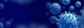 Coronavirus on dark blue background. COVID-19 pandemic. Coronavirus disease. Banner.