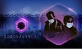 Coronavirus, dark poster with coronavirus molecules logo with silhouette of crowd people in respirators on horizon and infection