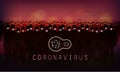 Coronavirus, dark poster with coronavirus molecules logo, warning sign with silhouette of crowd people in respirators on horizon