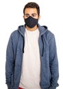 Man with coronavirus protective face mask, wearing a blank t shirt and gray color hoodie isolated against white background, Royalty Free Stock Photo