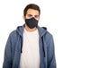 Man with coronavirus protective face mask, wearing a blank t shirt and gray color hoodie isolated against white background, Royalty Free Stock Photo