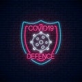 Coronavirus defence neon sign. COVID-19 virus caution symbol in neon style. 2019-NCOV outbreak stop icon Royalty Free Stock Photo