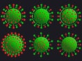 Coronavirus disease COVID-19 icons set. Virus cell isolated on black background. 2019-nCoV, middle east respiratory syndrome.