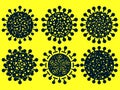 Coronavirus disease COVID-19 icons set. Virus cell isolated on yellow background. 2019-nCoV, middle east respiratory syndrome.