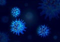 Coronavirus disease COVID-19 under the microscope 3D illustration with copy space on blue color background. Dangerous flu strain Royalty Free Stock Photo