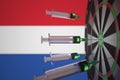 COVID-19 coronavirus disease vaccine syringes hit target near the Dutch flag. Successful research and vaccination in the