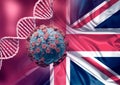 Coronavirus and DNA, virus mutation and new strain from England. Variant of Great Britain`s SARS CoV 2. Microscopic view