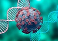 Coronavirus and DNA, virus mutation. New variant and strain of SARS CoV 2. Microscopic view