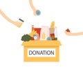Coronavirus donation food. Donation box with food and hands giving goodies. Box with different types of food supplies.