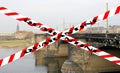 Coronavirus in Dresden, Germany. View of bridge over Elbe river. Quarantine sign. Concept of COVID pandemic and travel in Europe Royalty Free Stock Photo