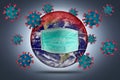 Coronavirus earth world globe respirator breathing face mask. Corna virus global outbreak pandemic epidemic medical prevention