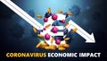 Coronavirus economic impact, black and blue banner with three dimensional white euro sign with gold coins around