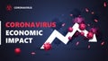 Coronavirus economic impact, black and blue banner with white arrow an economic graph surrounded by coronavirus molecules