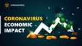 Coronavirus economic impact, black and green banner with white arrow an economic graph with gold coins around Royalty Free Stock Photo