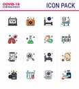 16 Flat Color Filled Line coronavirus epidemic icon pack suck as flask, infedted, hospital, anatomy, icu