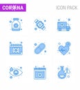 9 Blue Set of corona virus epidemic icons. such as medical, schudule, ambulance, medical, appointment