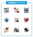 9 Filled Line Flat Color Set of corona virus epidemic icons. such as protect, medical, locker, drop, securitybox