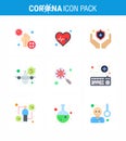 Corona virus disease 9 Flat Color icon pack suck as scan virus, warning, health care, vacation, airplane