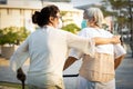 Coronavirus ended,Happy old people,asian senior women are walking in public outdoor,end of social distancing,end of stay home,end Royalty Free Stock Photo