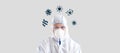 Coronavirus epidemic protection. Collage with Asian man in protective suit and virus cells, grey background. Panorama