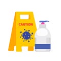 Coronavirus epidemic warning sign and Hand sanitizer gel against Coronavirus. Flat Vector illustration isolated on white