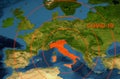 Coronavirus epidemic, word COVID-19 on Europe map. Novel coronavirus outbreak in Italy, the spread of corona virus in the World Royalty Free Stock Photo