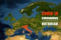 Coronavirus epidemic, word COVID-19 on Europe map. Novel coronavirus outbreak in Italy, the spread of corona virus in the World Royalty Free Stock Photo