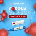 Coronavirus Express Testing card. Covid-19 rapid test, 3d red virus cells and thermometer on blue background