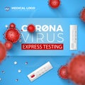 Coronavirus Express Testing card. Covid-19 rapid tests and 3d red virus cells on blue background. Coronavirus disease